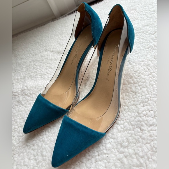 Gianvito Rossi Shoes - Gianvito Rossi Designer Teal Blue Suede Plexi Heels (37)